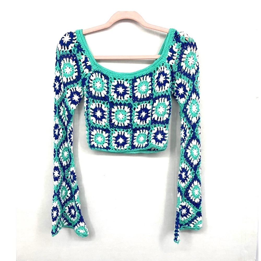Crochet Granny Square Bell Sleeve Crop Top S Blue Green Boh - Picture 2 of 6